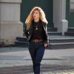 Dark Blue Denim jeans and Leather Jacket with Brown hot Belt