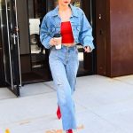 Morning Coffee with Denim Jacket and Flare Denim Pants, in Red hot top