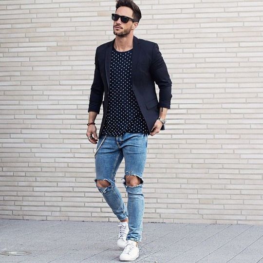 black jacket blue jeans